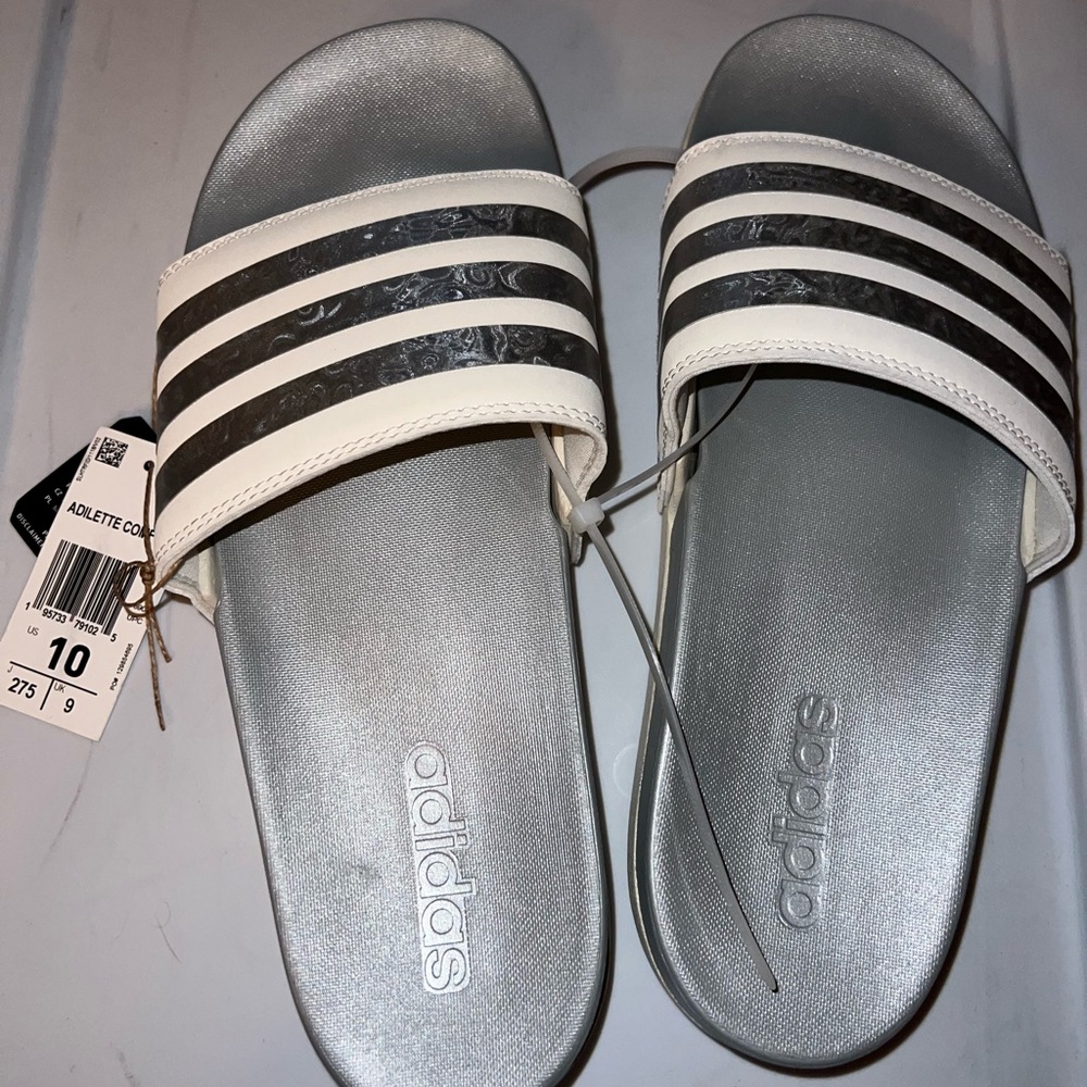 adidas Silver White Black Adilette Slides Sandals